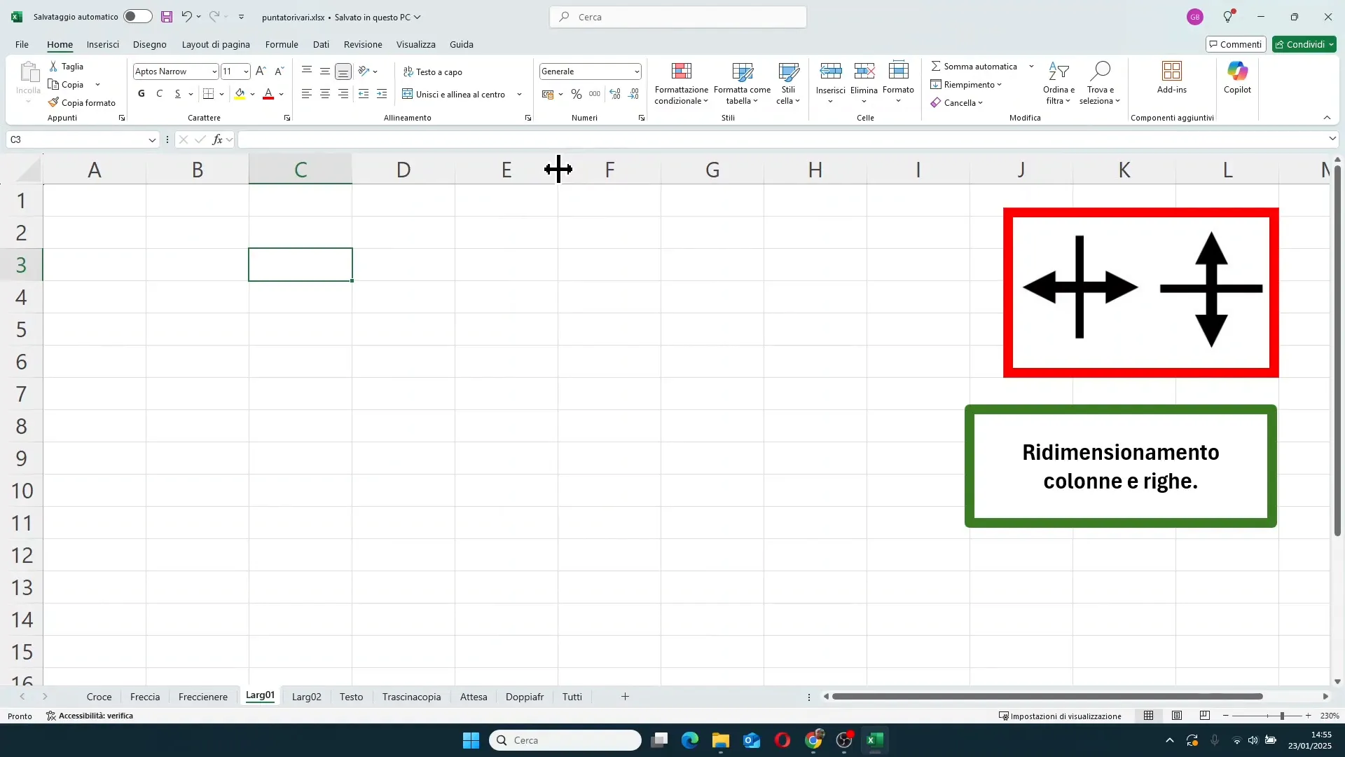 Puntatore per ridimensionare colonne in Excel