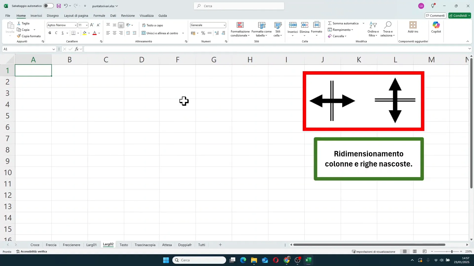 Puntatore per colonne nascoste in Excel