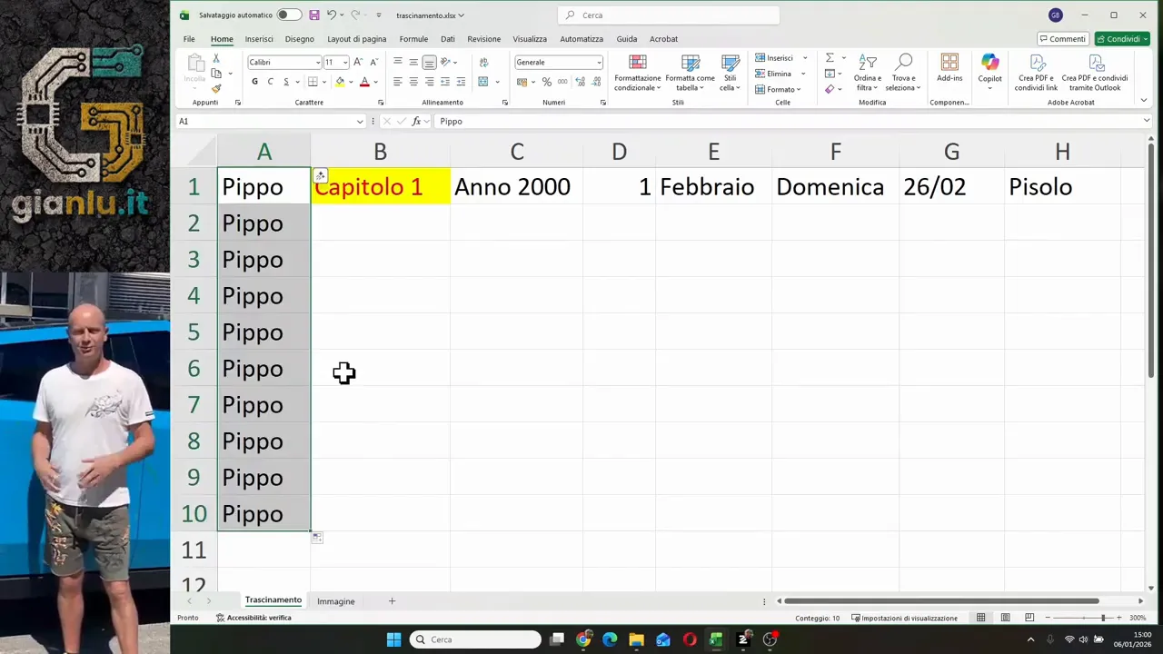 Colonna Excel riempita con la parola Pippo ripetuta in più righe