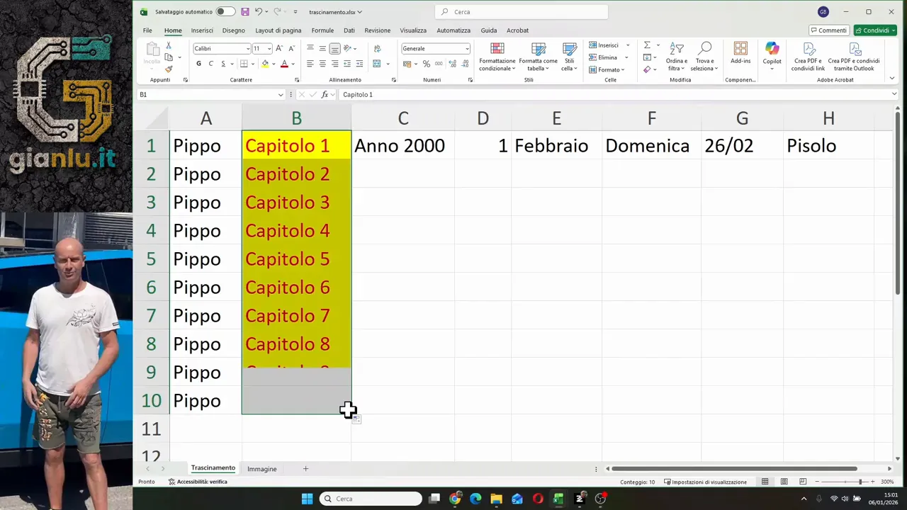 Colonna Excel con sequenza Capitolo 1 fino a Capitolo 10 evidenziata in giallo