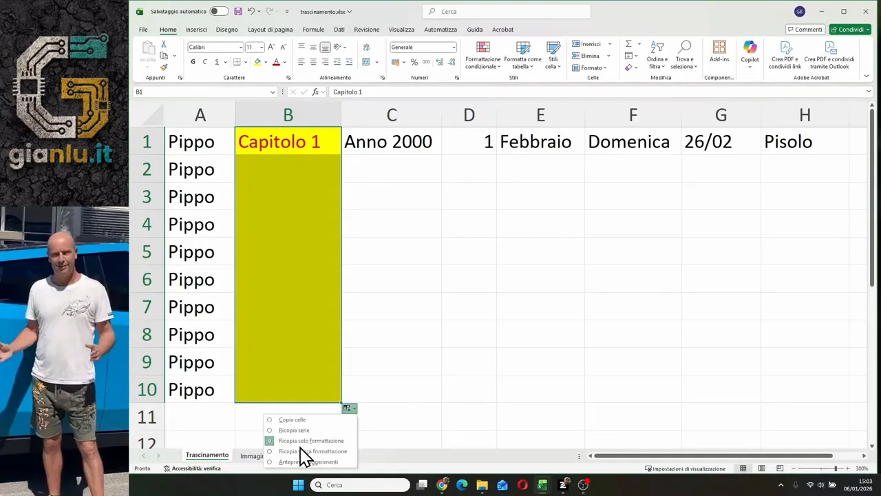 Menu delle opzioni di riempimento automatico aperto accanto a una colonna formattata in giallo