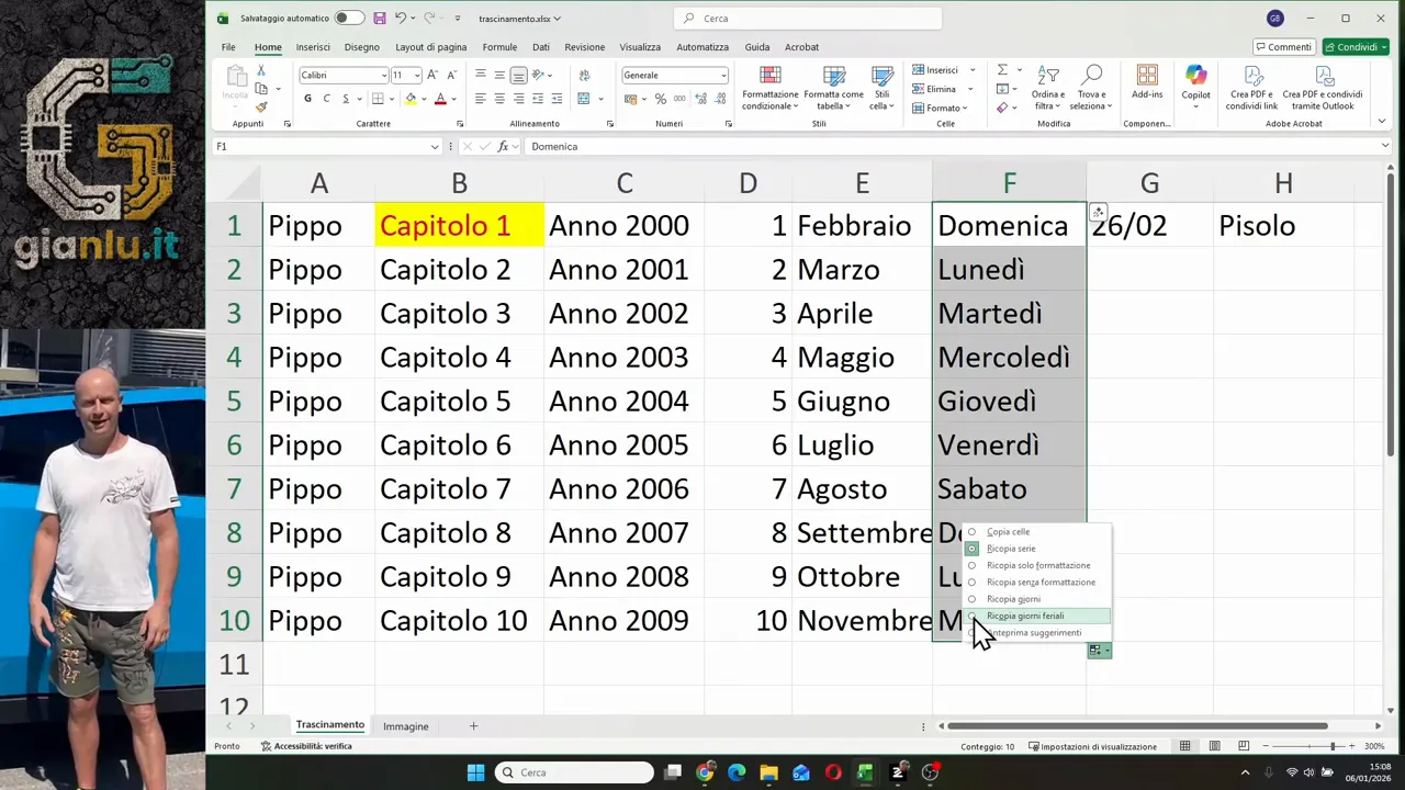 Colonna Excel con giorni della settimana in sequenza senza weekend