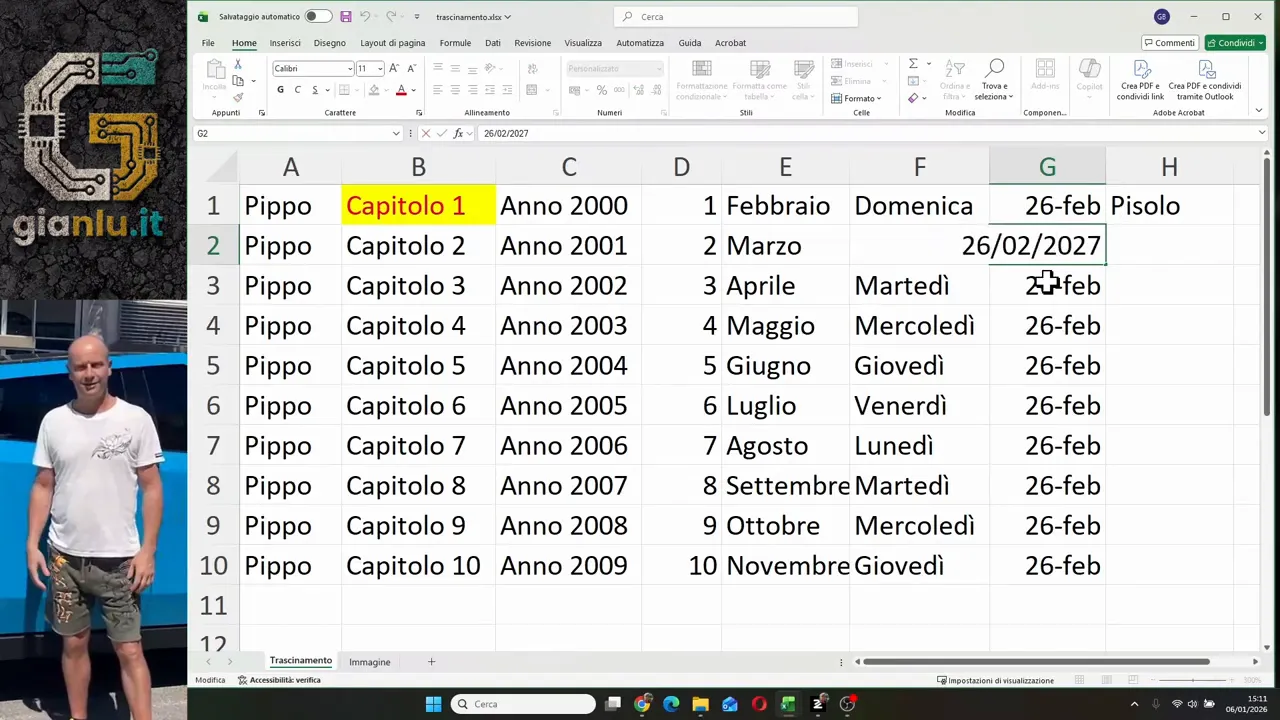 Colonna Excel con la stessa data del 26 febbraio riportata su anni successivi