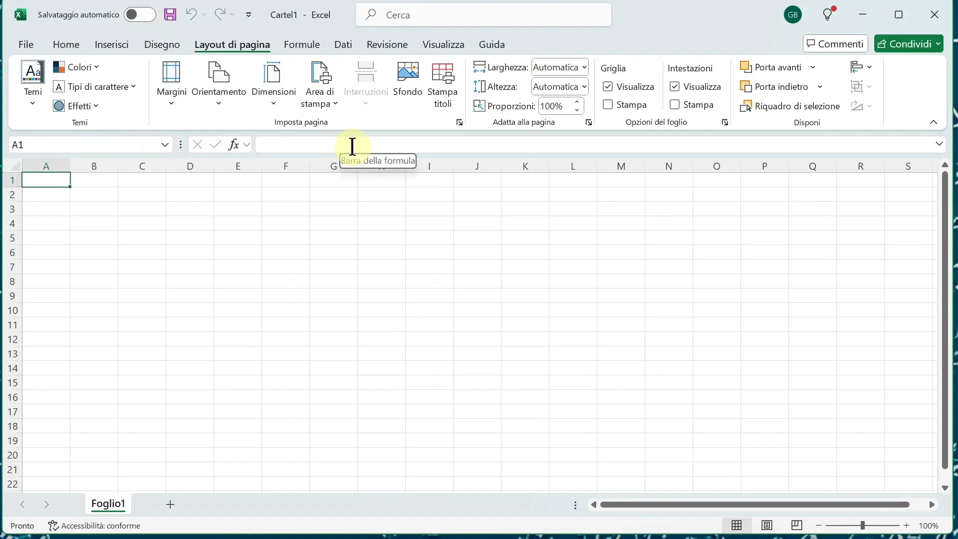 Foglio di lavoro Excel con barre di scorrimento e nome foglio