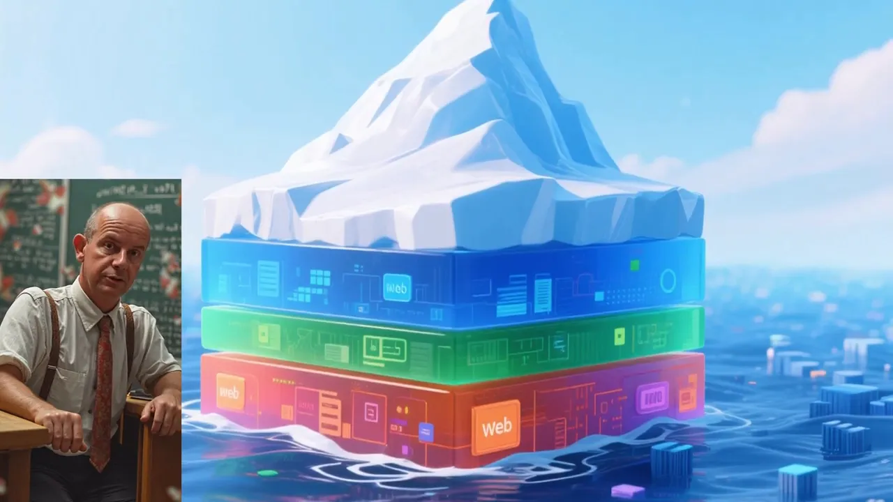 Illustrazione di un iceberg a strati colorati sopra una città