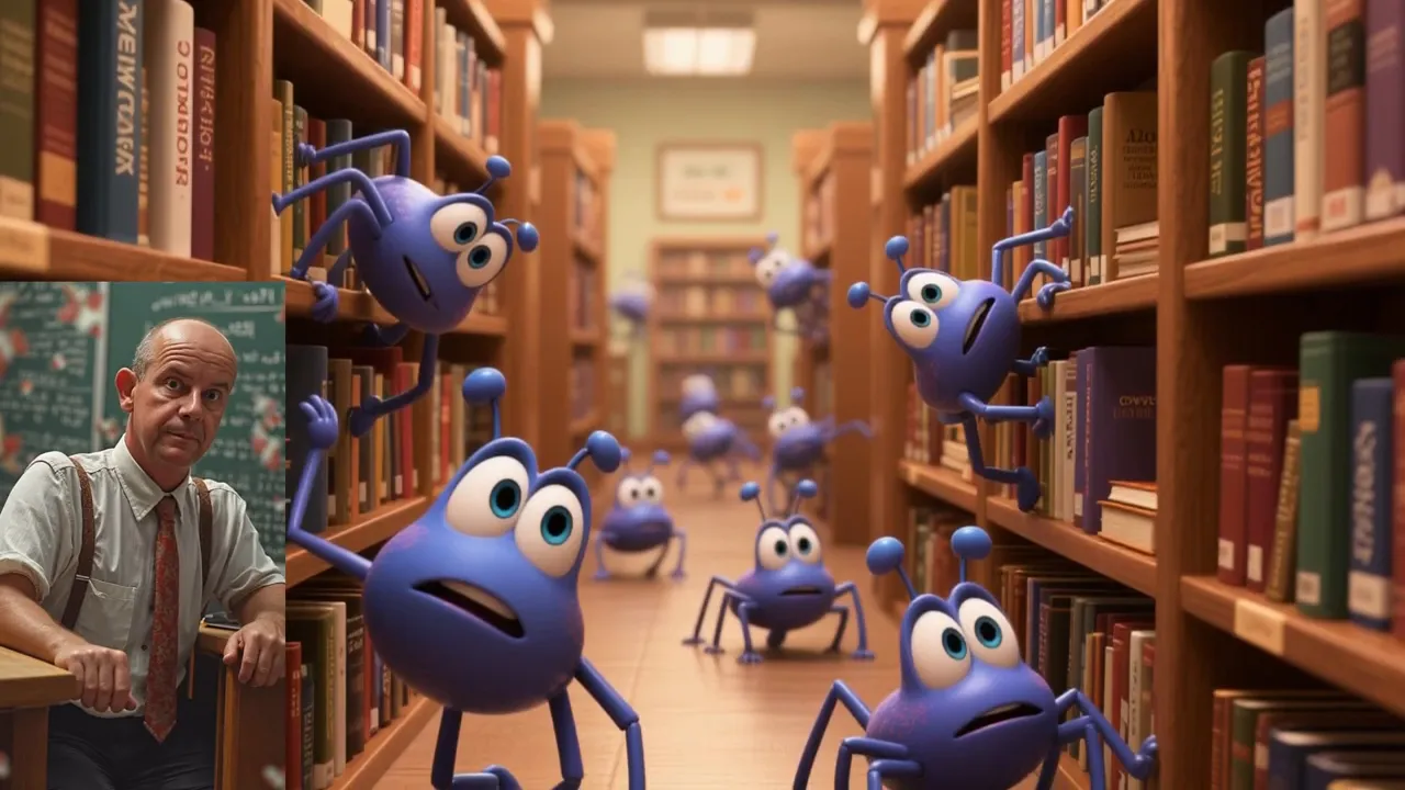 Corsia di biblioteca con ragni animati tra gli scaffali di libri