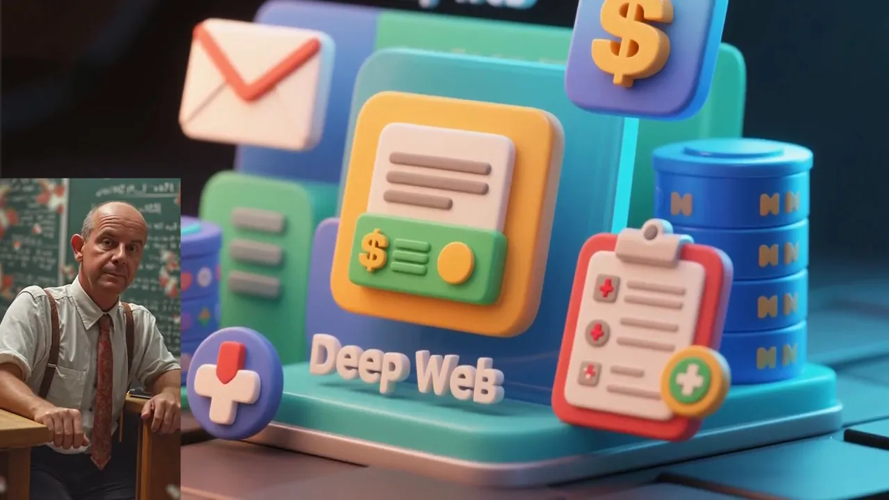 Grafica con scritta Deep Web e icone di email soldi database e cartella clinica