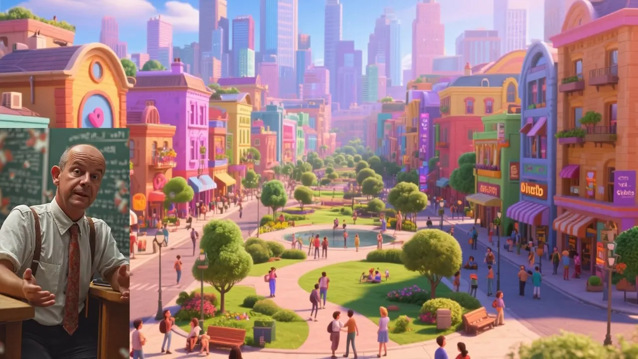 Viale cittadino colorato con parco centrale e persone che passeggiano