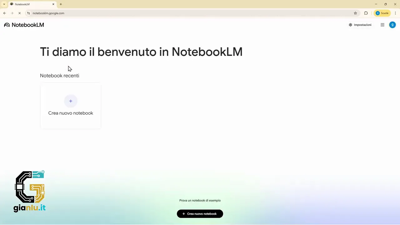 Pagina di benvenuto di NotebookLM con pulsante per creare un nuovo notebook