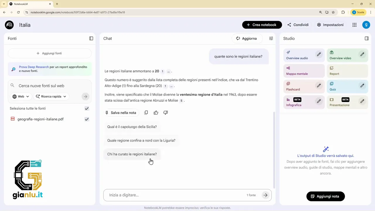 Risposta di NotebookLM alla domanda sulle regioni italiane con testo e riferimenti alla fonte