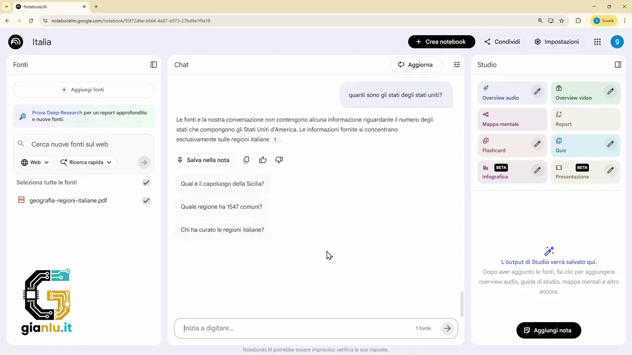 Messaggio di NotebookLM che indica l'assenza di informazioni nelle fonti per una domanda fuori tema