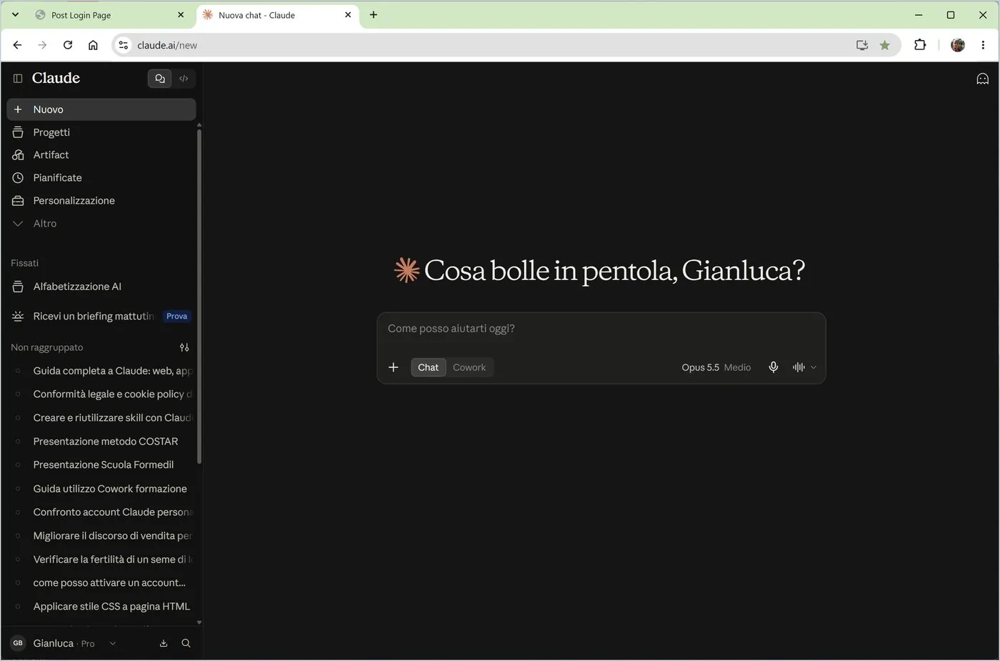 Claude on the web: sidebar, greeting and the writing box.