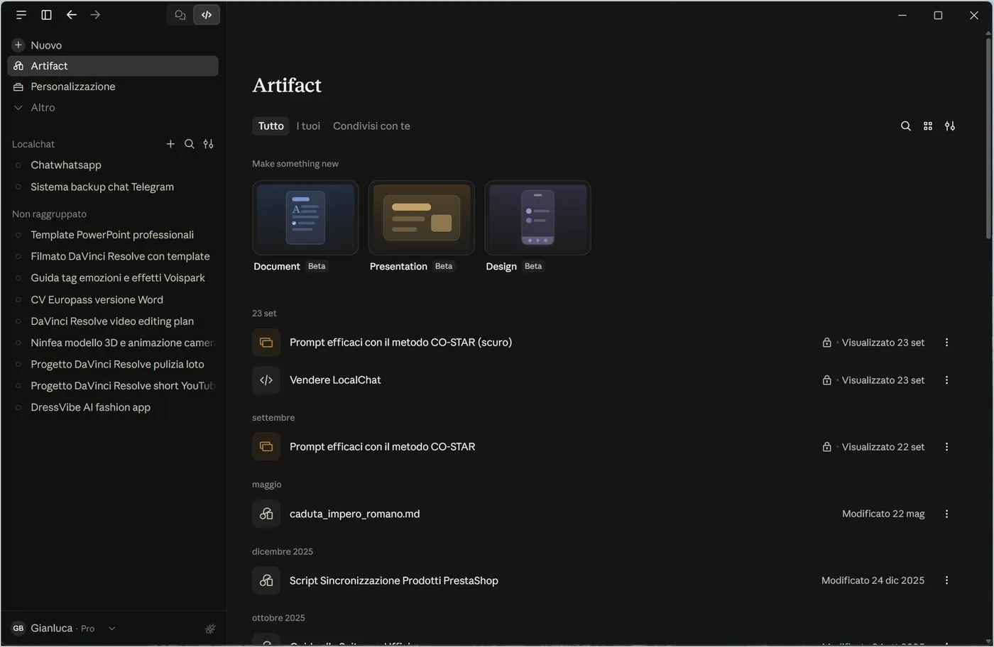 The Artifact page: starting points and a list of what you made.