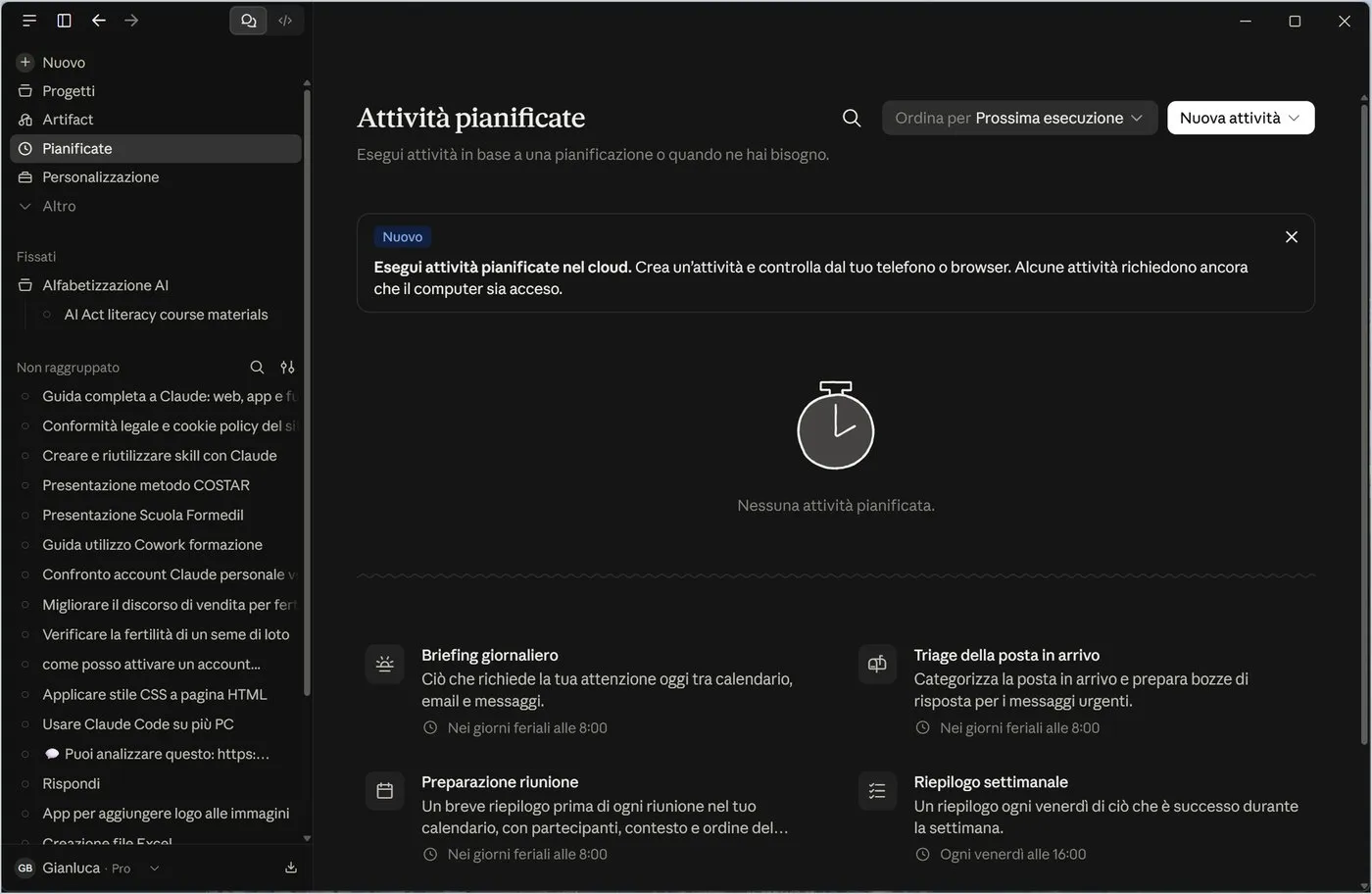 Scheduled tasks: ready-made templates and the New task button.
