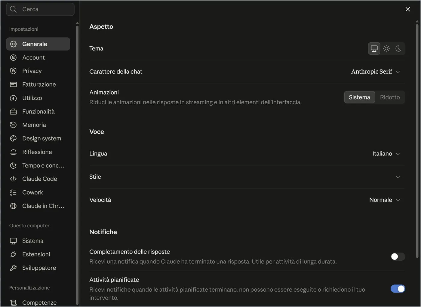 Settings: sections on the left, content on the right.