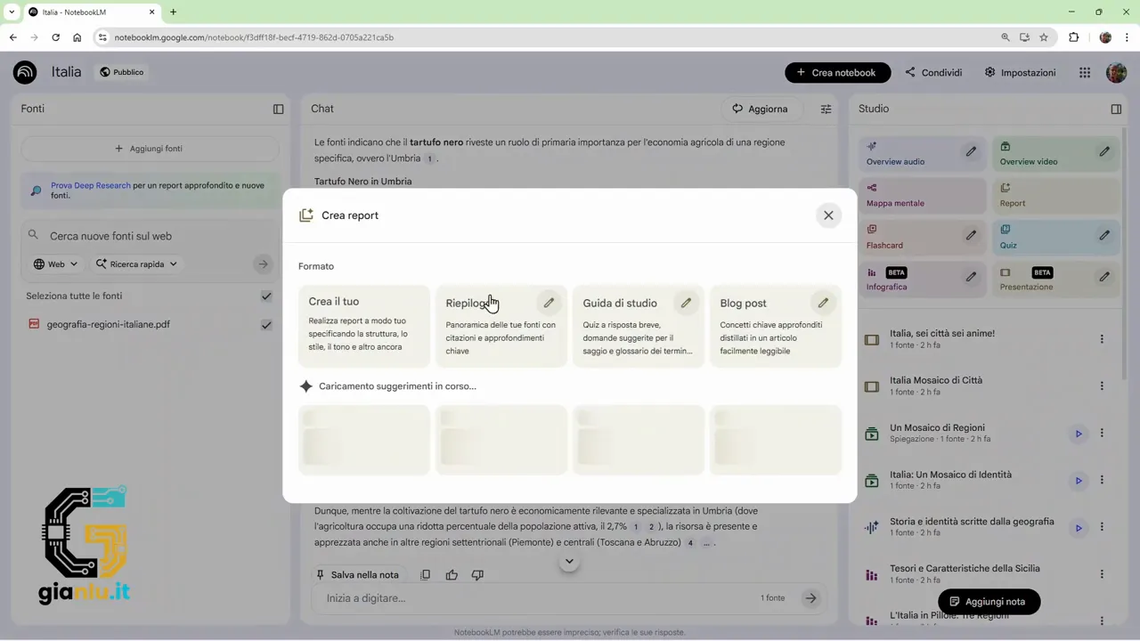 Finestra di NotebookLM con i modelli di report disponibili