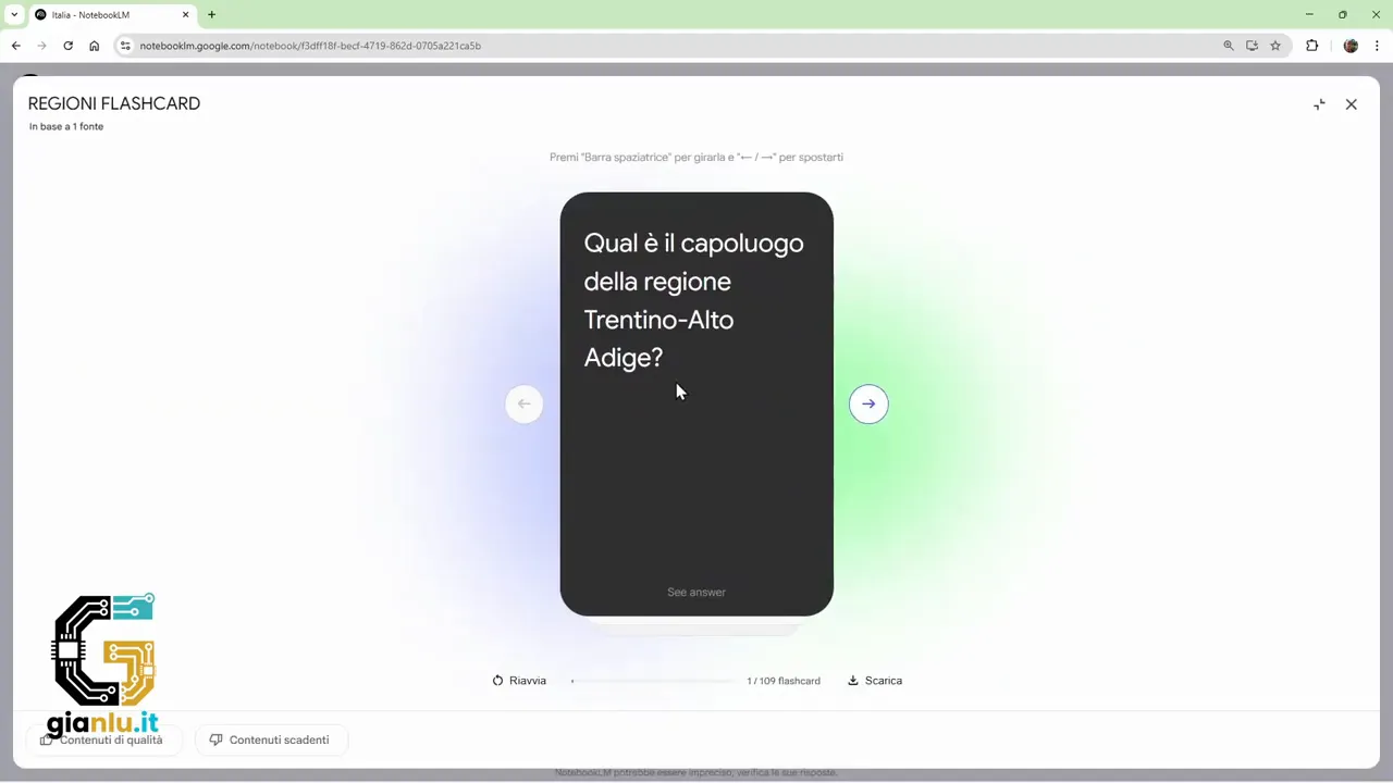 Interfaccia delle flashcard con una domanda e il pulsante per mostrare la risposta