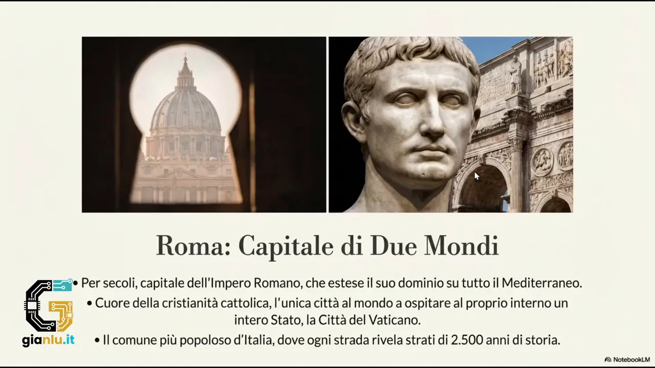 Slide della presentazione con sezioni su Roma e Napoli e grandi titoli tipografici