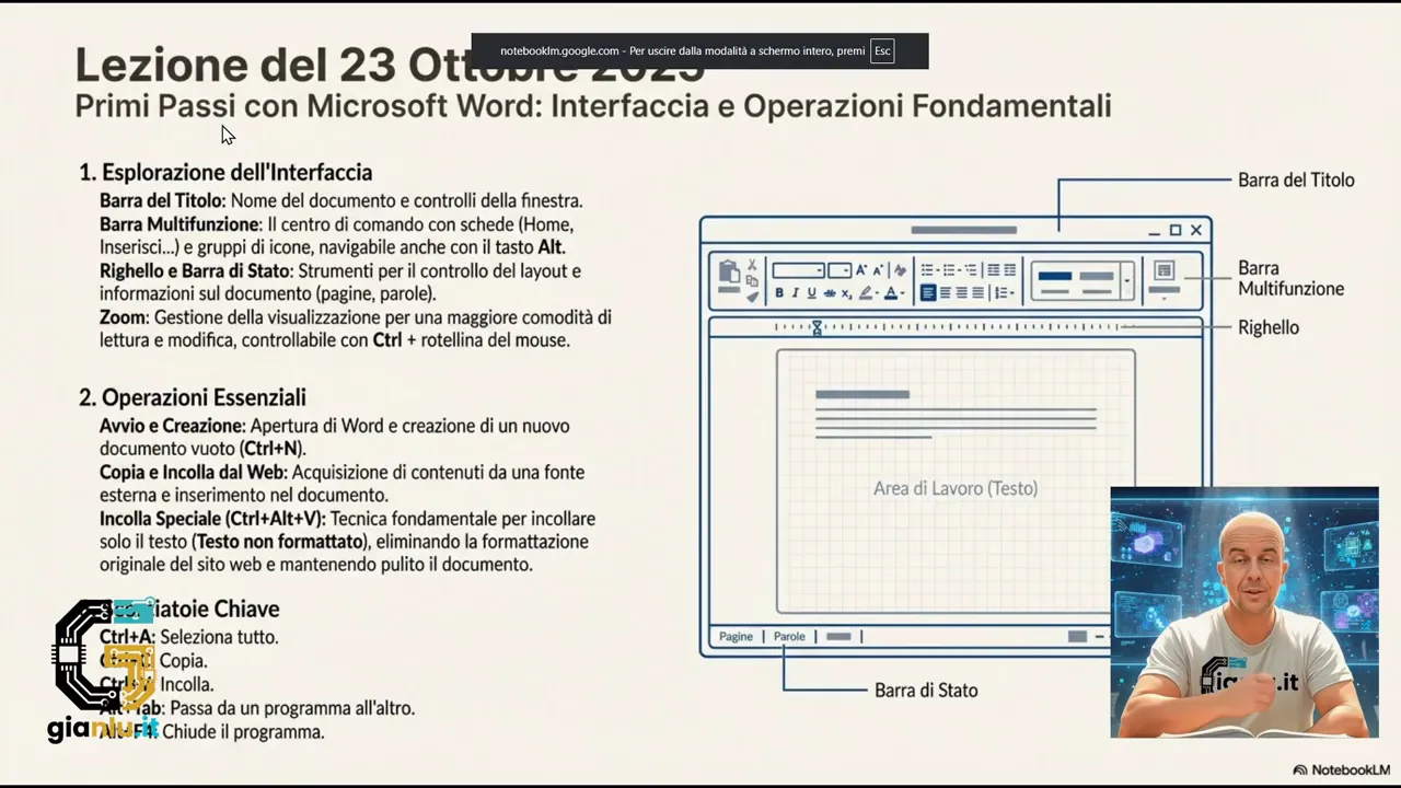 Slide PDF con titolo della lezione del 23 ottobre 2025 e schema di Word