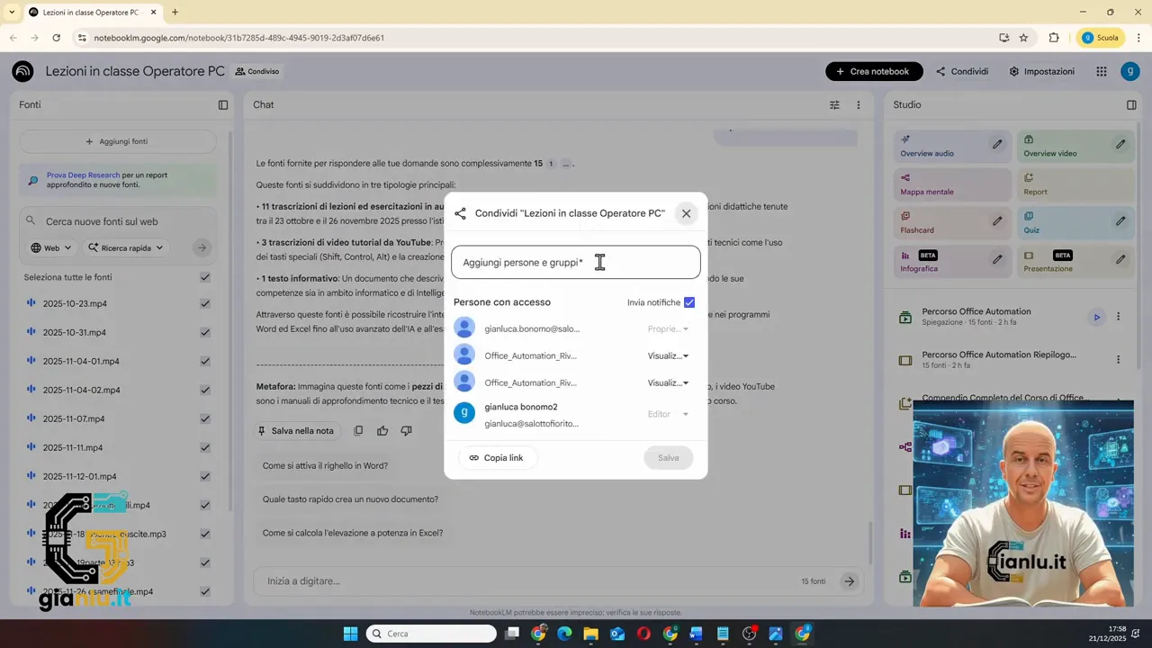 Finestra di condivisione di NotebookLM con campo per invitare persone via email