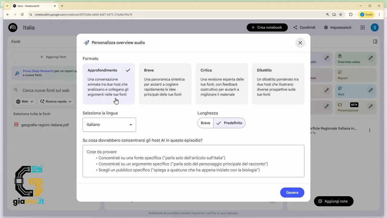 Finestra di configurazione overview audio con opzioni di stile, lingua e prompt