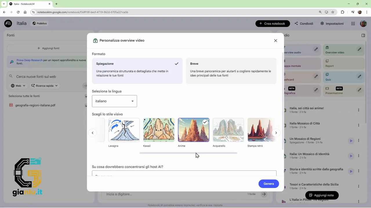 Finestra overview video con stili visivi selezionabili e miniature illustrate
